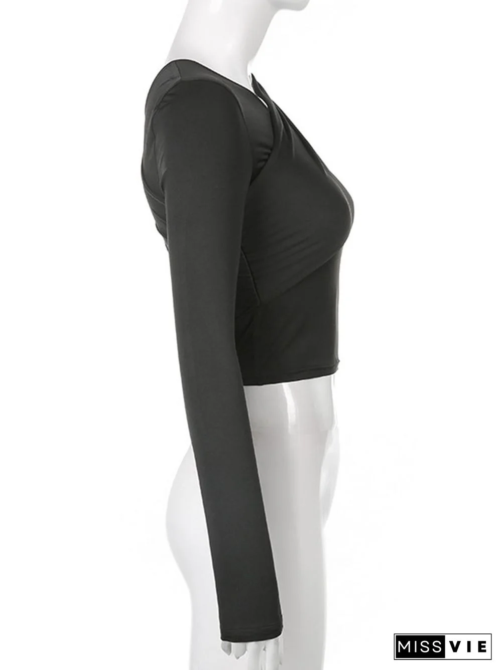 Asymmetrical V Neck One-shoulder Soild Women's T-shirts Slim Female Streetwear Crop Tops Autumn All-match Vinatge Tees