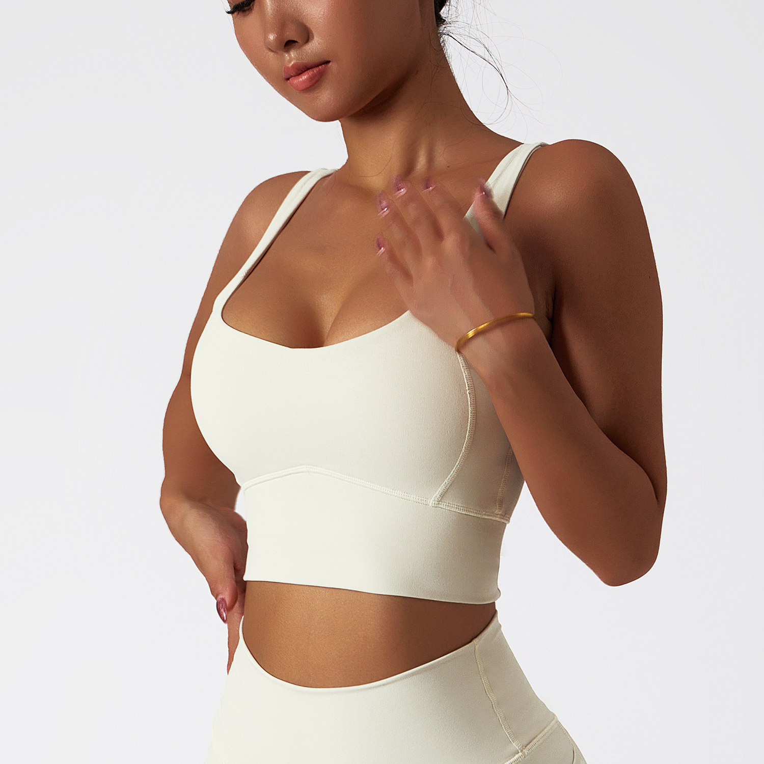 Hergymclothing Cream Apricot cloud feeling high impact push up shock absorber running sports bra padded for sale