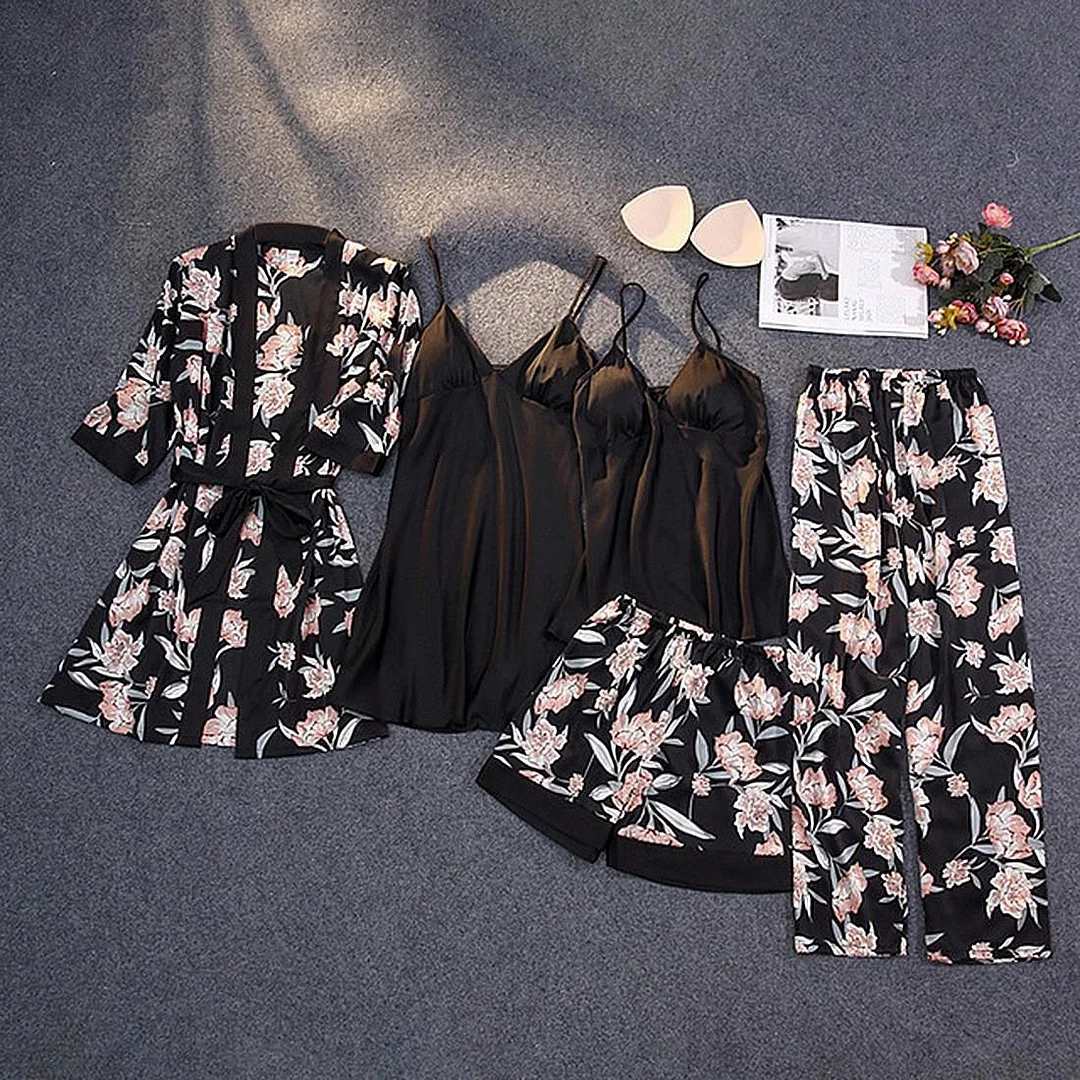 Brownm New Sex Black Homewear Five-Piece Set Of Fashion Lace Pyjamas Set Printed Women's Set