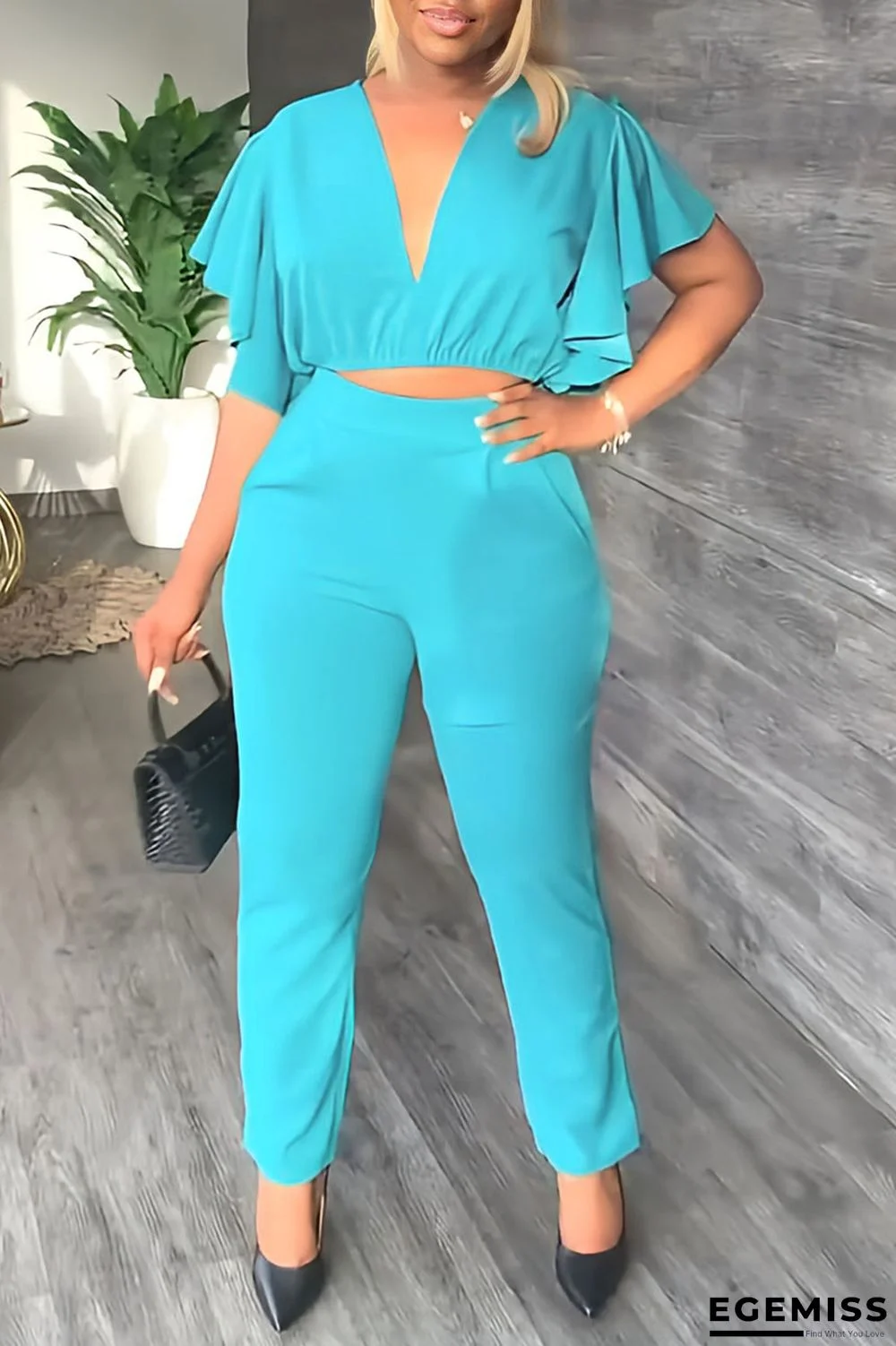 Blue Casual Solid Patchwork Flounce V Neck Short Sleeve Two Pieces | EGEMISS
