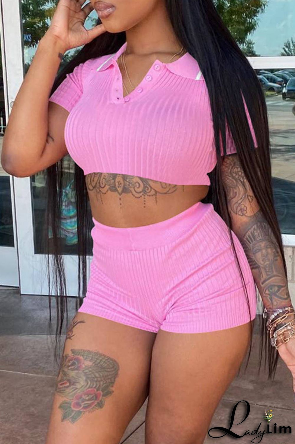 Black Fashion Casual Solid Basic Turndown Collar Short Sleeve Two Pieces