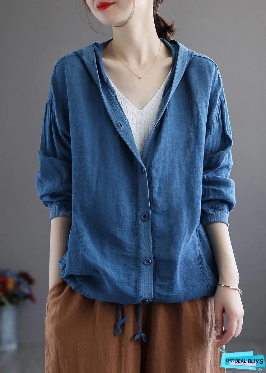 Plus Size Khaki Hooded Button Drawstring Cotton Coat Fall