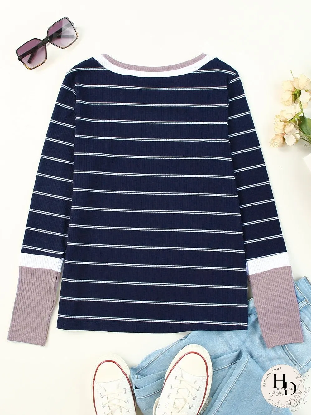 Blue Striped Rib Knit Pullover with Color Block Cuffs