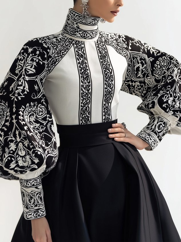 Urban Random Print Printing Turtleneck Balloon Sleeve Blouse mysite idetrend