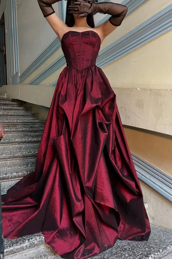 Glamorous Strapless Burgundy A-Line  Prom Dress With Gloves ZT0757