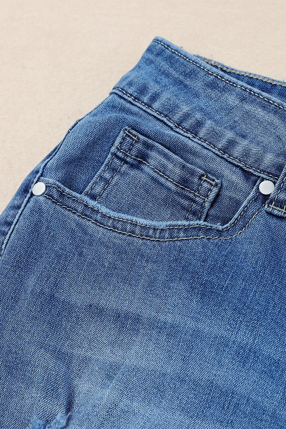 Sky Blue Distressed Raw Hem High Waist Flare Jeans