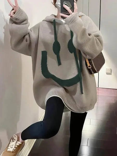 Women's Cartoon Face Print Drop Shoulder Hooded Sweater, Fashion Casual Long Sleeve Drawstring Hooded Sweater for Daily Holiday Outdoor Wear, Women Knitwear for Fall & Winter, Sweaters for Women