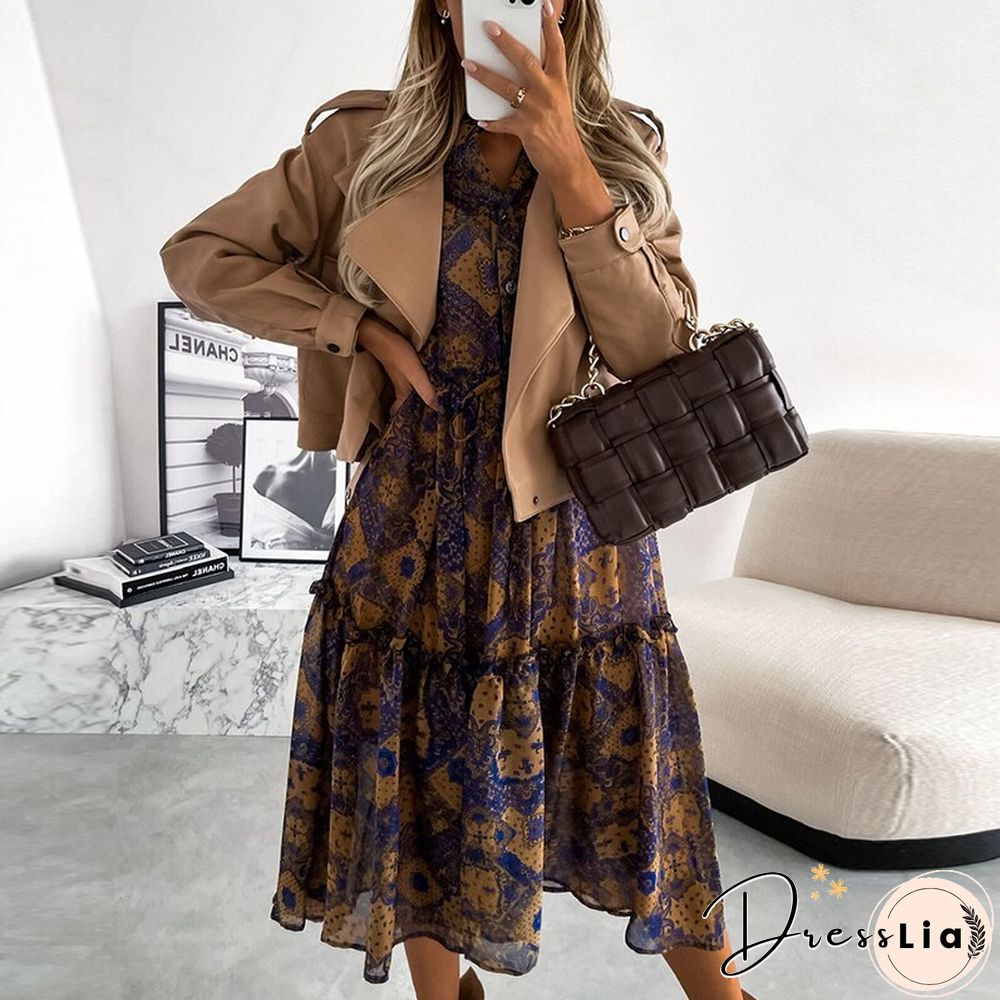 Women Casual Print Long Sleeve Dress Autumn Fashion Irregular Slim Dress Office Lady Elegant Button Ruffle Elastic Waist Dresses