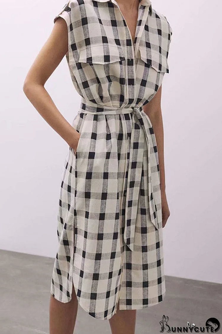 Fashion Casual Plaid Split Joint Turndown Collar A Line Dresses