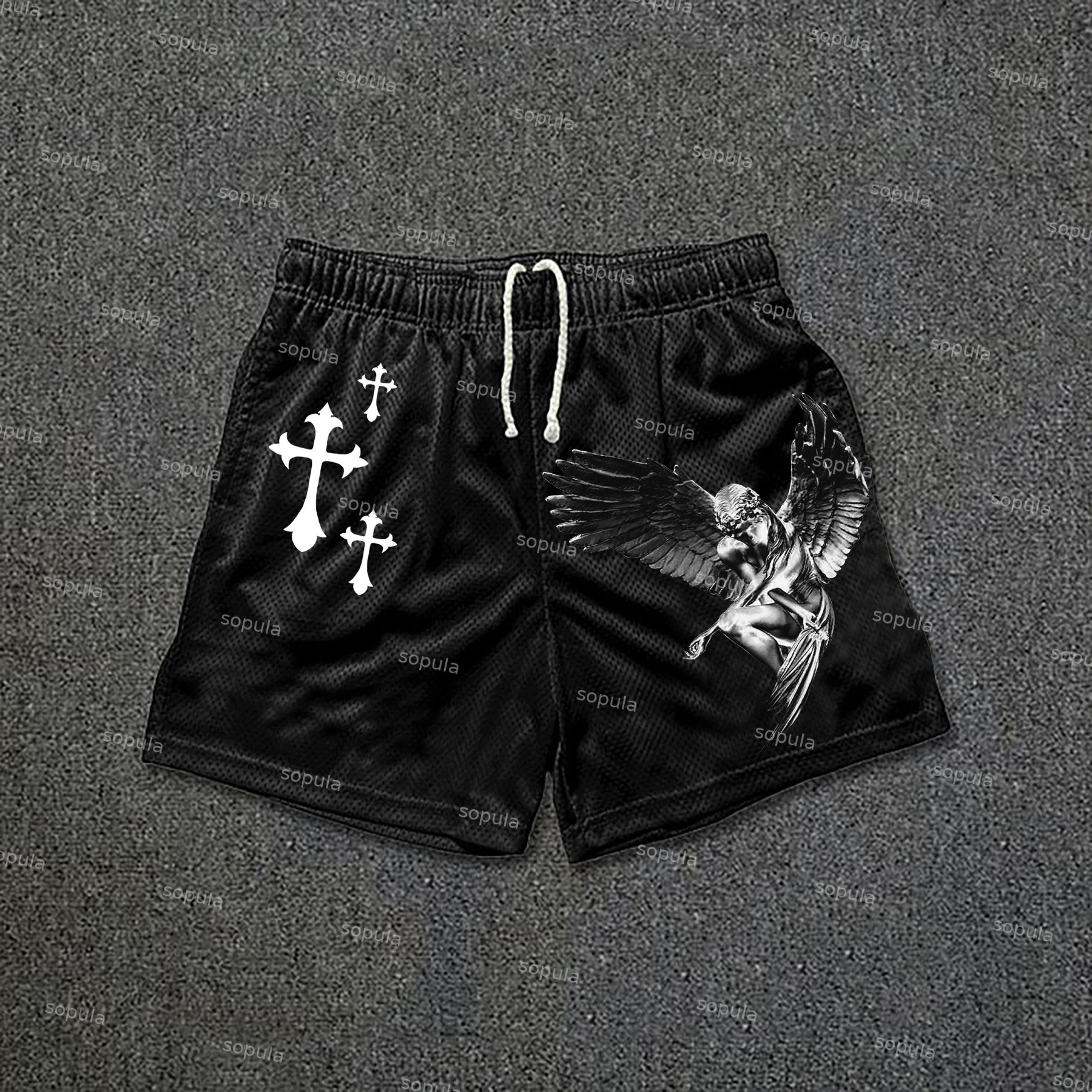 Sopula Street Unisex Angel Print Mesh Drawstring Shorts - SOPULA