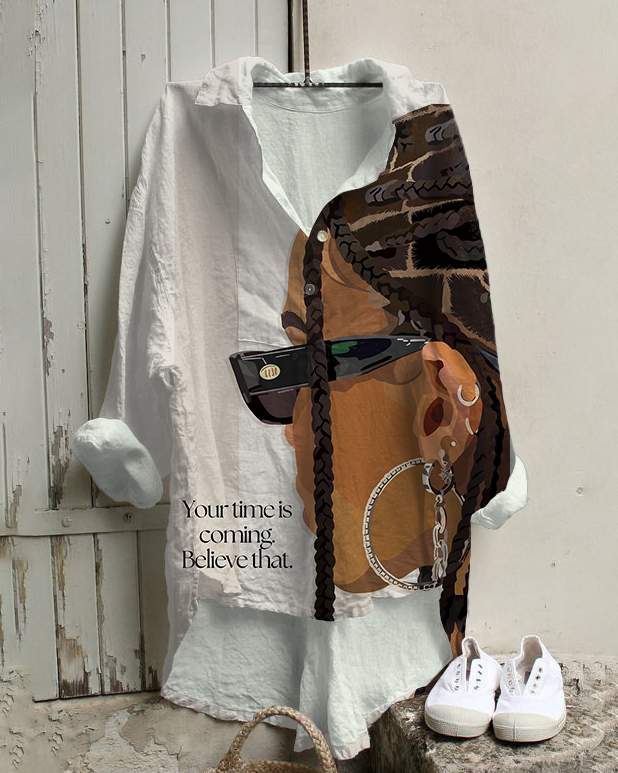 Women's Fashion Your Time Is Coming Belive That Print Cotton And Linen Tunic Shirt