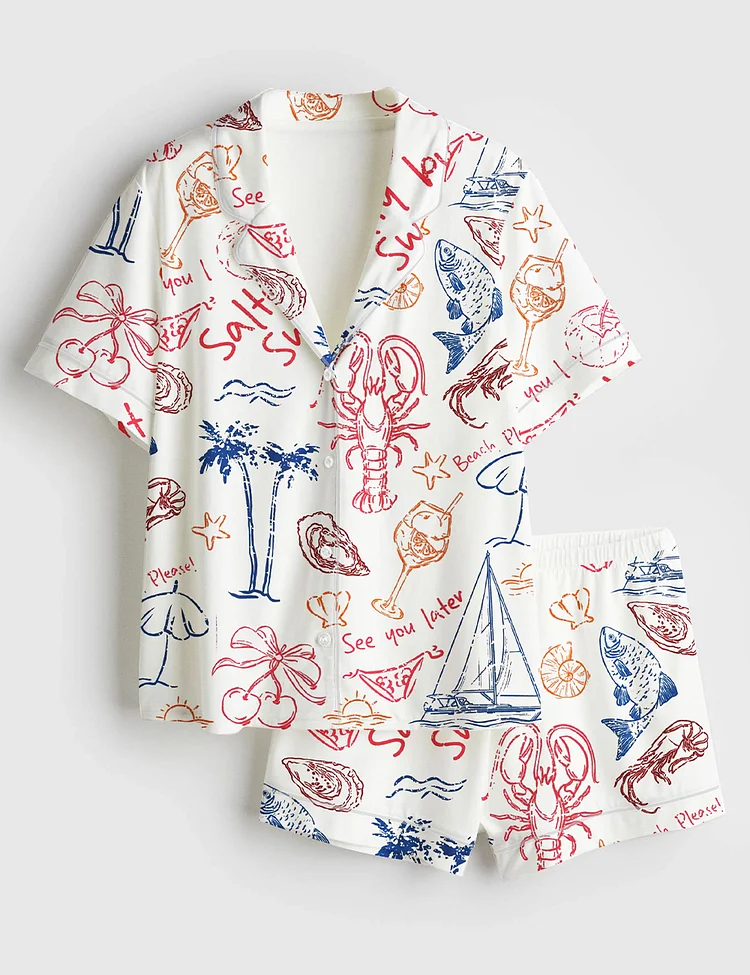 Women&rsquo;s Salty But Sweet Retro Summer Coastal Beach Aesthetic Summer Cocktail Sea Food Lobster Print Short Sleeve Satin Pajama Set