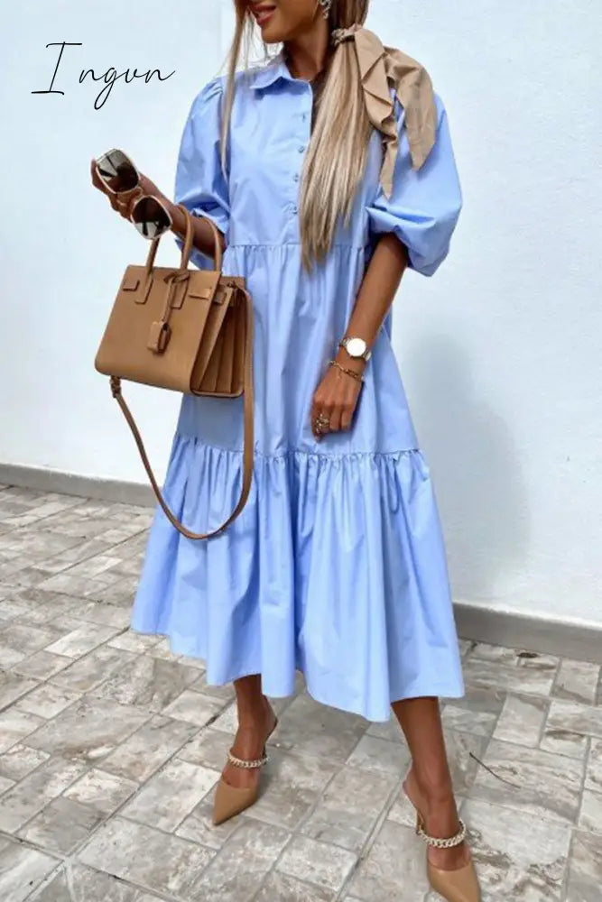 Ingvn - Fashion Street Solid Patchwork Turndown Collar Princess Dresses(3 Colors) Sky Blue / S