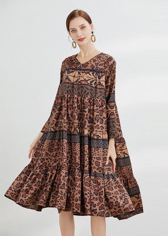 Fitted Coffee V Neck Print Satin Dress Spring CK1741- Fabulory