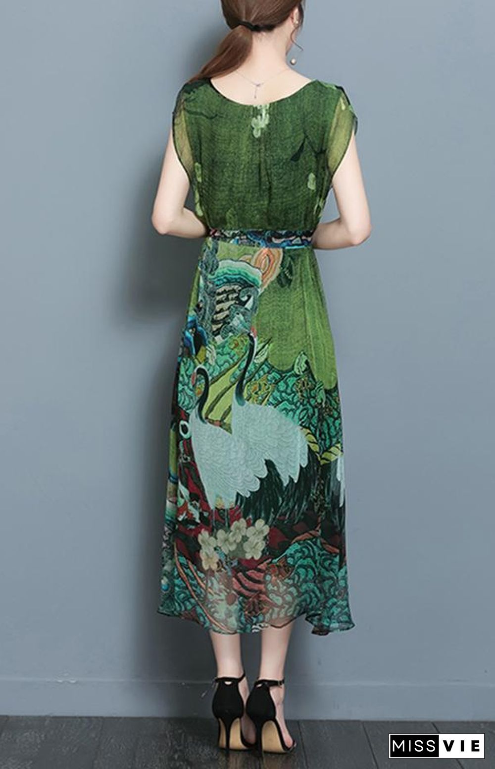 Women Vintage Printed Short Sleeve Mid-Long Dresses