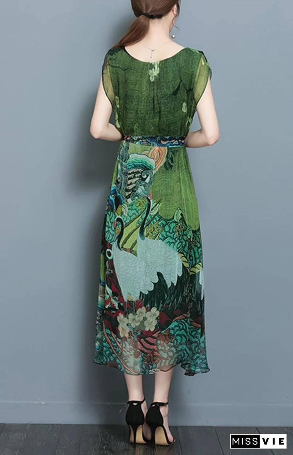 Women Vintage Printed Short Sleeve Mid-Long Dresses