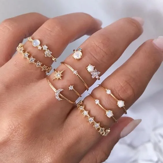 Star Crescent Ring 9 Piece Set Creative Retro Simple Alloy Joint Ring