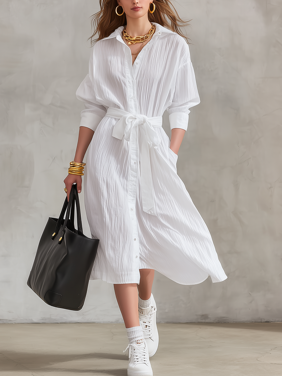Refined Textured Belted Shirt Midi Dress