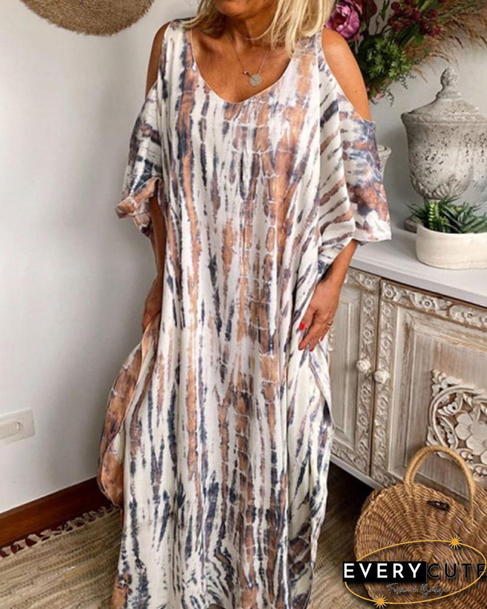 Tie-Dye Multi-Colored Print Cold-Shoulder Loose Maxi Dress P15979