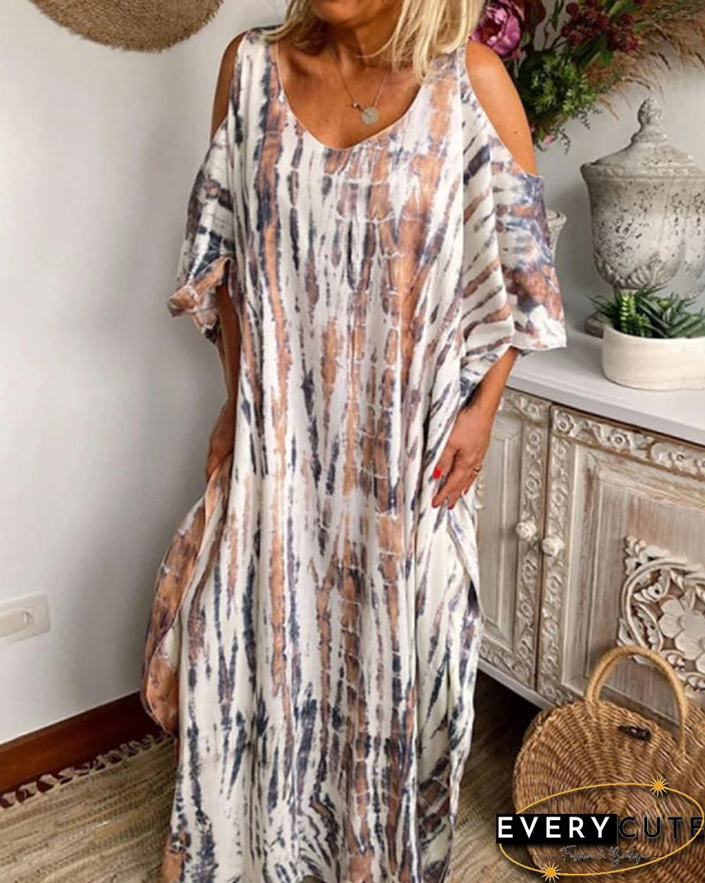 Tie-Dye Multi-Colored Print Cold-Shoulder Loose Maxi Dress P15979