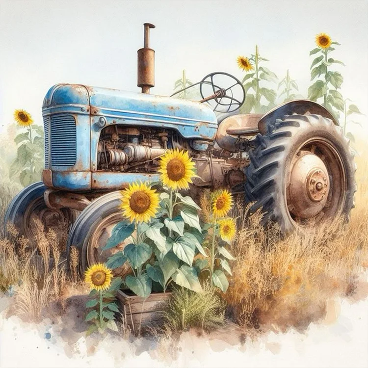 Sunflower Tractor 30*30CM (Canvas) Full Round Drill Diamond Painting gbfke
