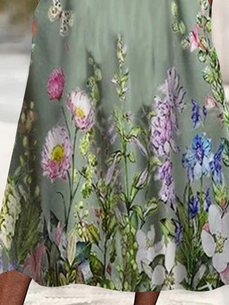 Women's 3/4 Sleeve V-neck Floral Printed Lace Stitching Midi Dress