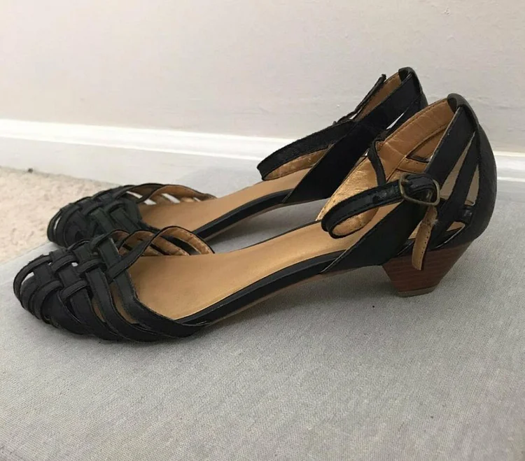 Custom Made Black Closed Toe Cone Heel Vintage Sandals |FSJ Shoes