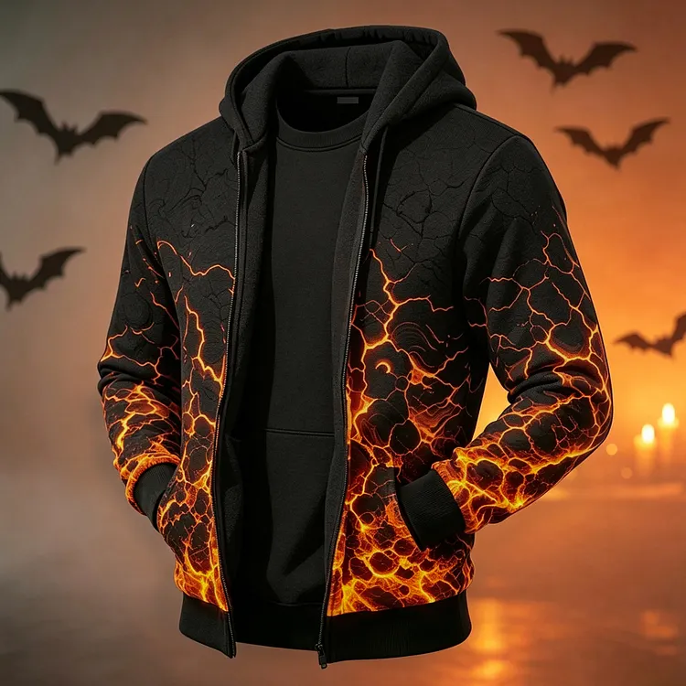 Men's Retro Halloween Flame Crack Print Zip-up Hooded Sweatshirt