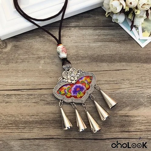 Retro Fashion Ethnic Embroidery Flower Necklace Tassel Pendant Sweater Chain