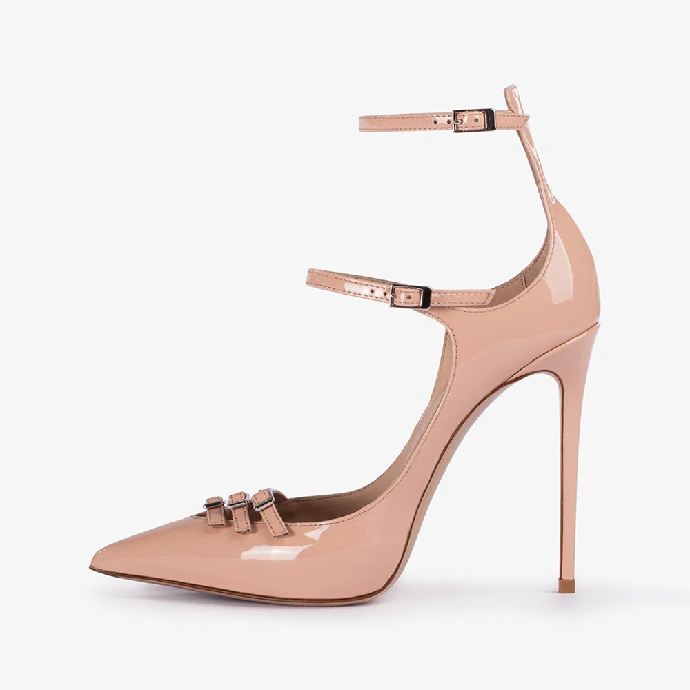Pink Elegant Patent Leather Sophisticated Pointed Toe Buckle Fastening Strappy Pumps With Stiletto Heels Nicepairs