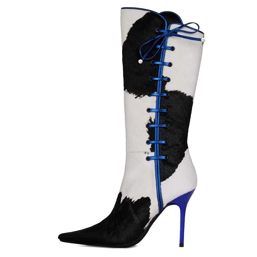 Black And White Boots Side Lace Up Strap Stiletto Heel Boots Nicepairs
