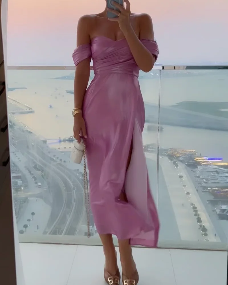 One-shoulder sexy bright color high slit dress