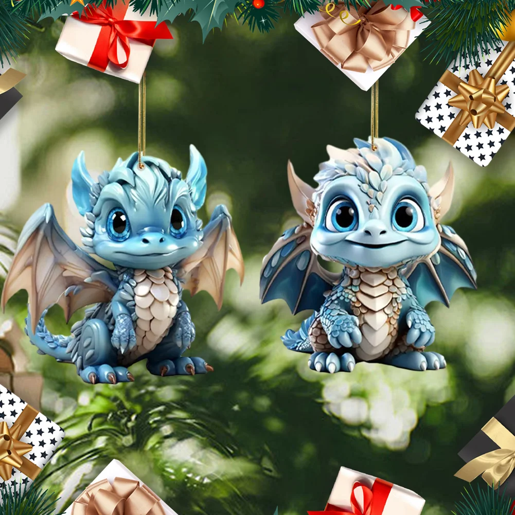 2 PCS Acrylic Flying Dragon Baby 2D Flat Dinosaur Xmas Tree Hangings Ornament