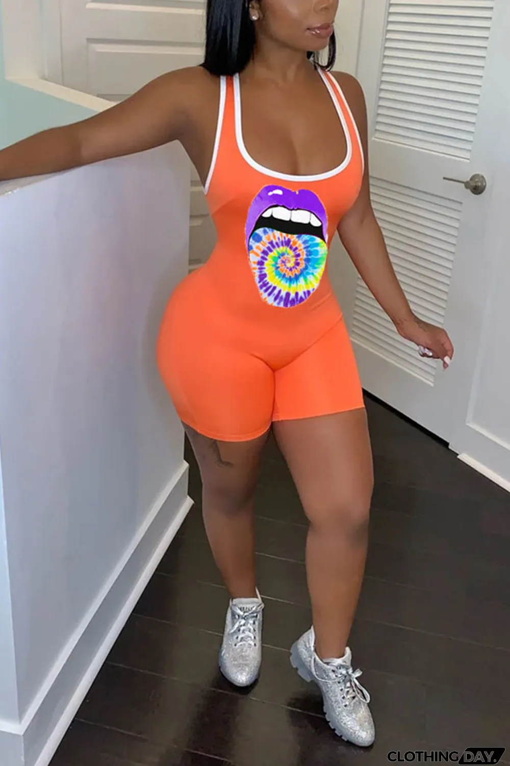 Blue Fashion Casual Print Patchwork Lip Polyester Sleeveless Slip Jumpsuits