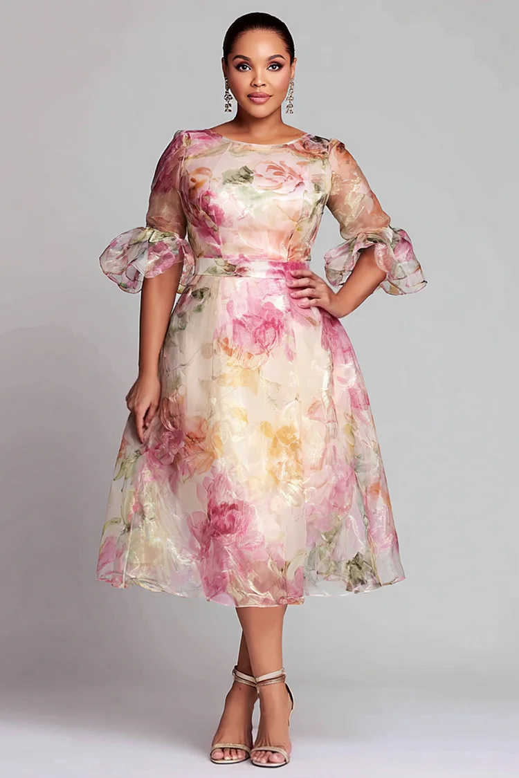 Xpluswear Design Plus Size Cocktail Party Pink Floral Round Neck Flare Short Sleeve See Through Organza Midi Dresses [Pre-Order] 2024 - Xpluswear