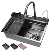 [US Local Warehouse] Stainless Steel Kitchen Sink with Pull-Out Swivel Faucet Double Waterfall Sinks