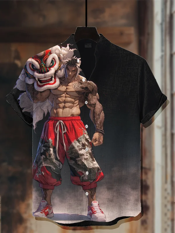 Men's Lion Dance Retro Art Print Casual Shirt