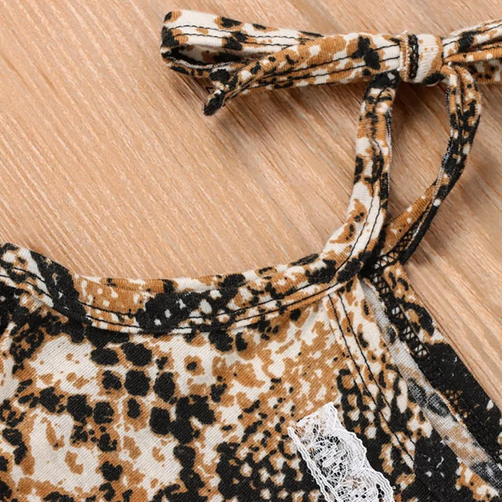 Infant Kids Baby Girl Snake Skin Pattern One-piece Jumpsuit, Sleeveless Flared Pants Lace-up Sling Bodysuit for Summer 6M-4T