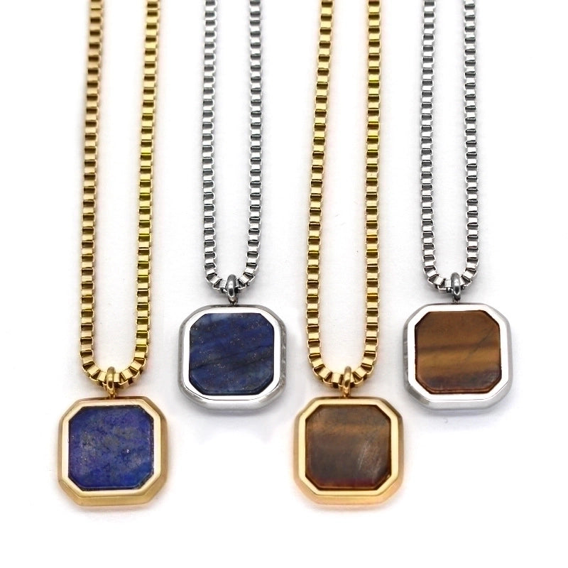 Retro Minimalist Square Titanium Steel Inlay Natural Stone Charms Pendant Necklace