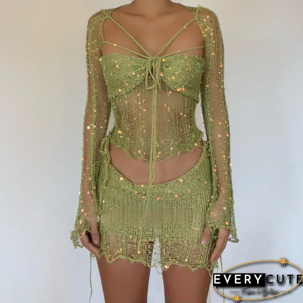Sexy Sequin Knitted Sweater Three Piece Skirt Sets