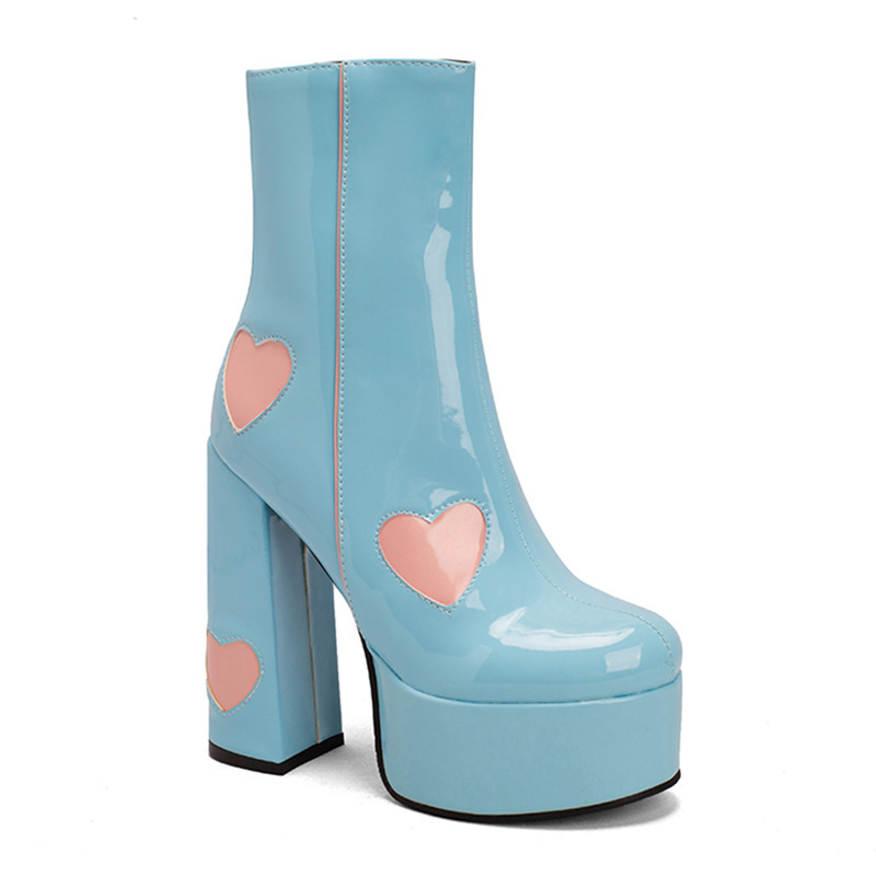 140mm Square Toe Chunky High Heels Platform Heart Embedded Pattern Patent Boots-MERUMOTE