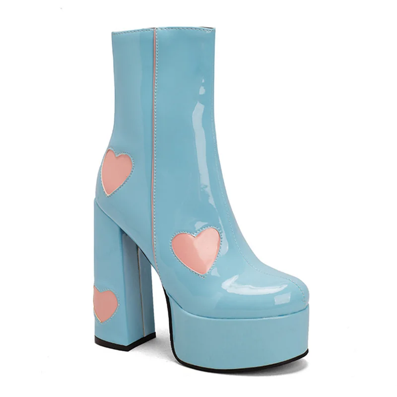 140mm Square Toe Chunky High Heels Platform Heart Embedded Pattern Patent Boots-MERUMOTE