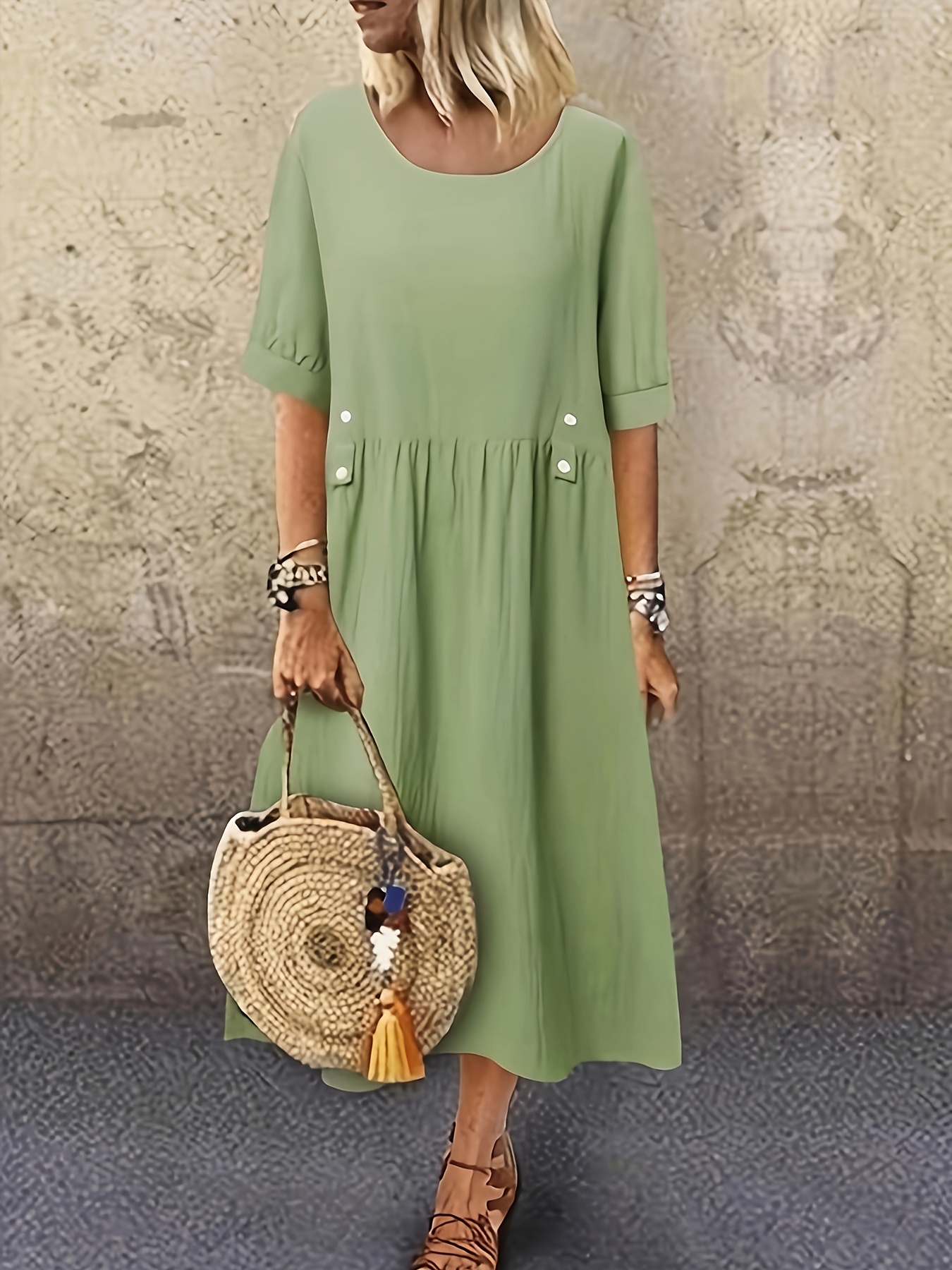 Elegant Mint Green Womens Dress-Lightweight, Short Sleeve, Round-neck, A-Line Midi, | IFYHOME