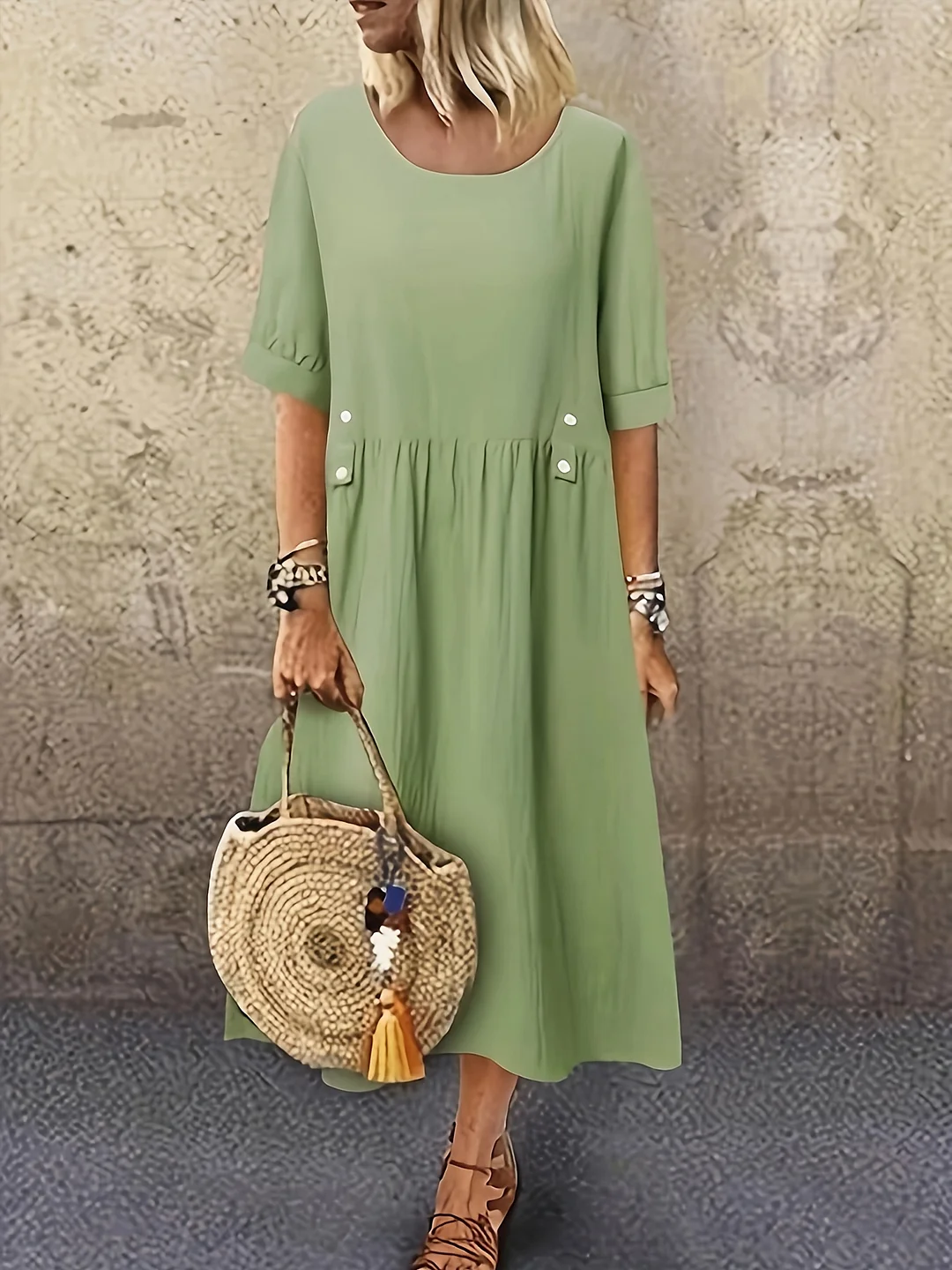 Elegant Mint Green Women's Dress | Lightweight, Short Sleeve, Round Neck, A-Line Midi, Machine Washable & Breathable Fabric For Spring Summer Casual & Semi-Formal Wear | IFYHOME