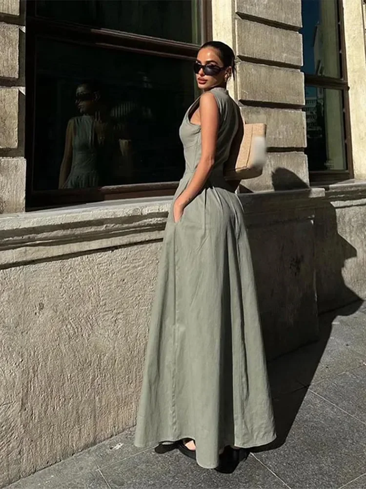 Women Fashion Round Collar Sleeveless Pleated Slim Elegant Solid Half Zipper A-line Maxi Dress