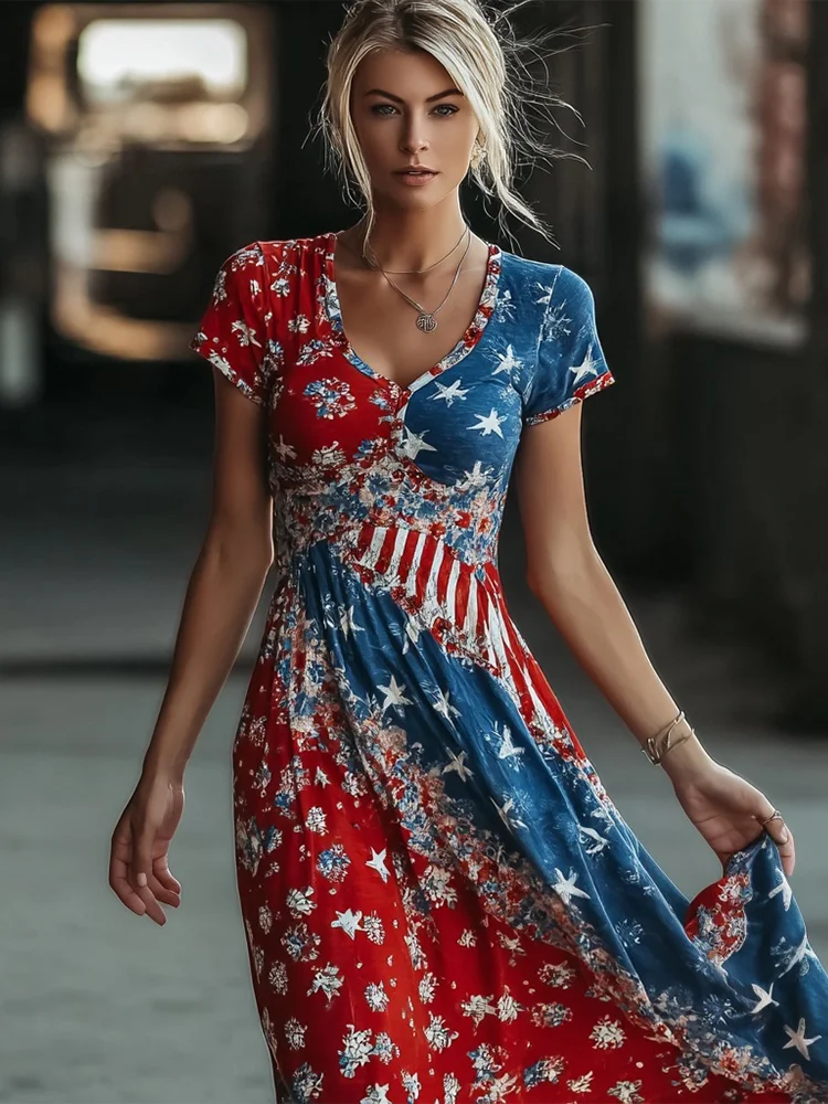 Vintage Floral American Flag Inspired V Neck Flowy Linen Maxi Dress