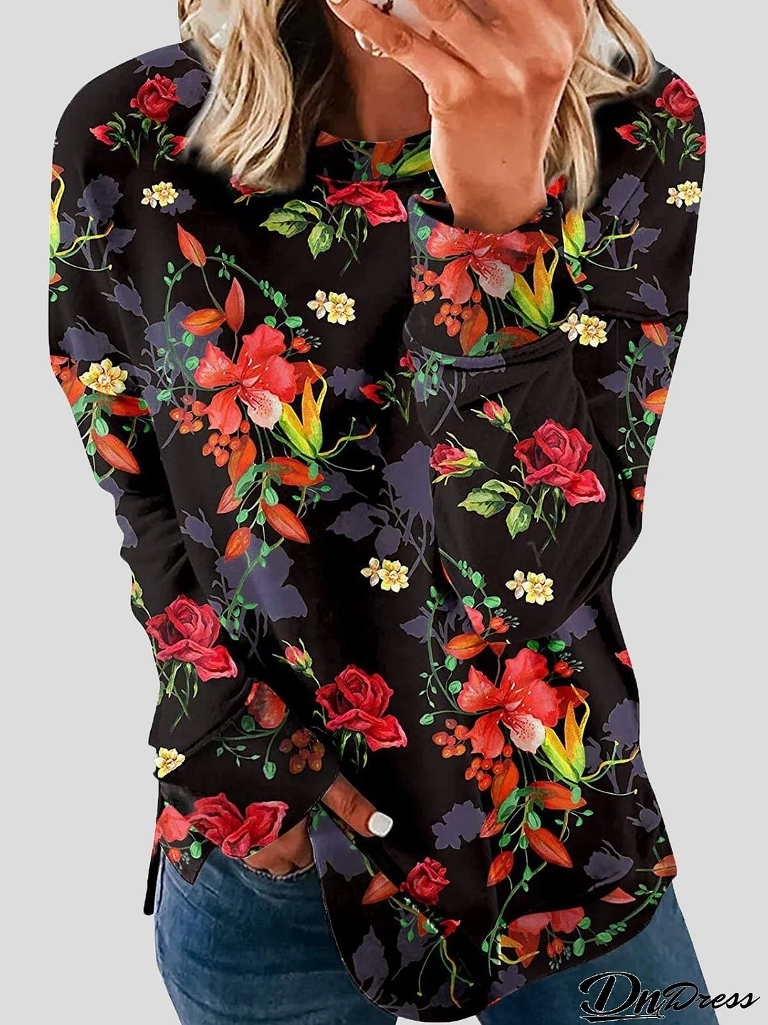 Women's T-Shirts Printed Round Neck Loose Long Sleeve T-Shirts