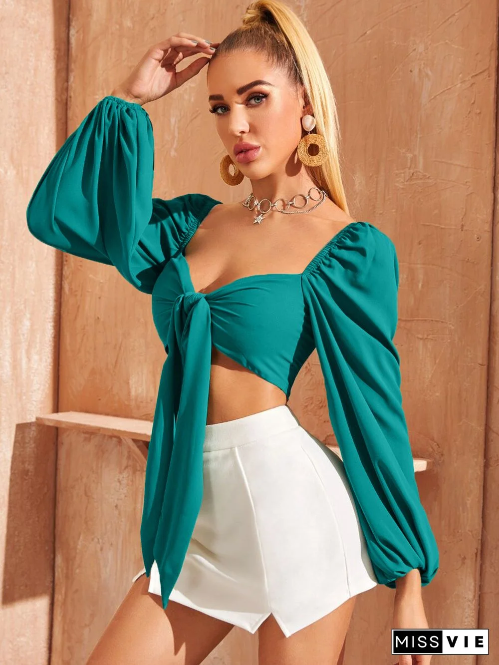 Solid Puff Long Sleeve Lace Up Shirts Crop Tops