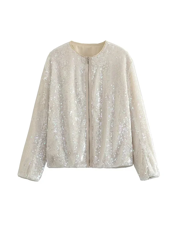 Loose Puff Sleeves Sequined Zipper Round-Neck Jackets Outerwear