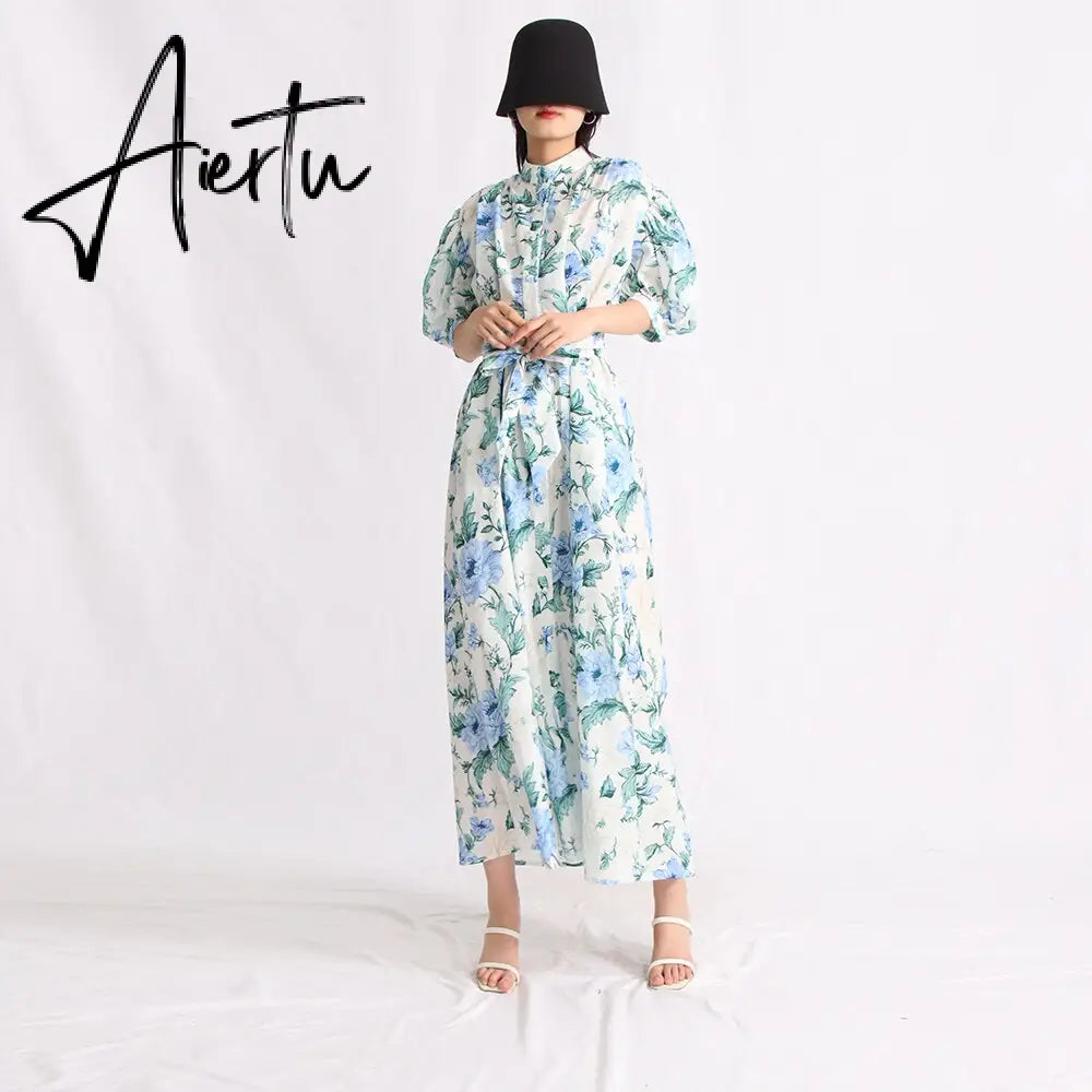 Hit Color Print Dresses For Women Lapel Puff Sleeve High Waist Tunic Summer Dress Female Fashion Clothing  New Aiertu